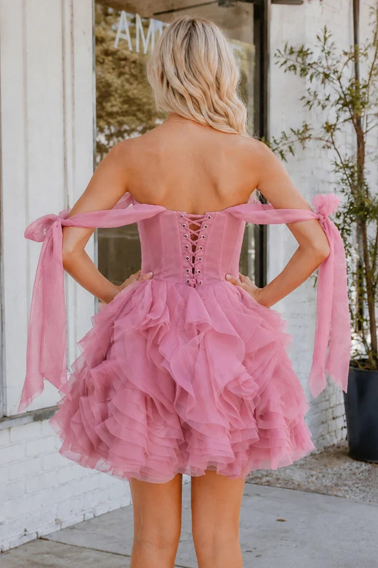Chic A-Line Sweetheart Off-Shoulder Ruffled Corset Pink Short Homecoming Dress