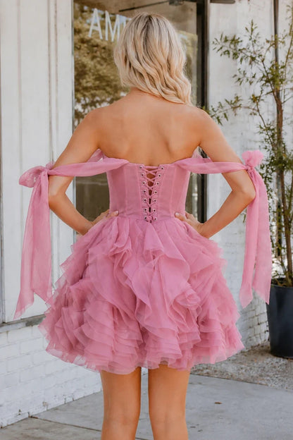 Chic A-Line Sweetheart Off-Shoulder Ruffled Corset Pink Short Homecoming Dress