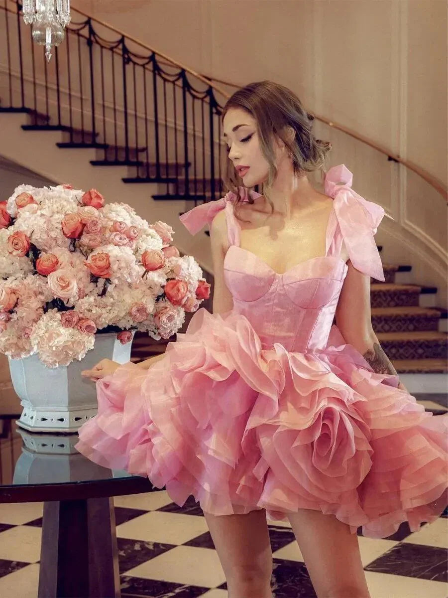 Chic A-Line Sweetheart Off-Shoulder Ruffled Corset Pink Short Homecoming Dress