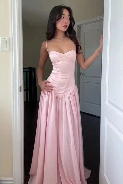 Chic A-Line Sweetheart Sleeveless Corset Pleated Pink Long Prom Dresses Women
