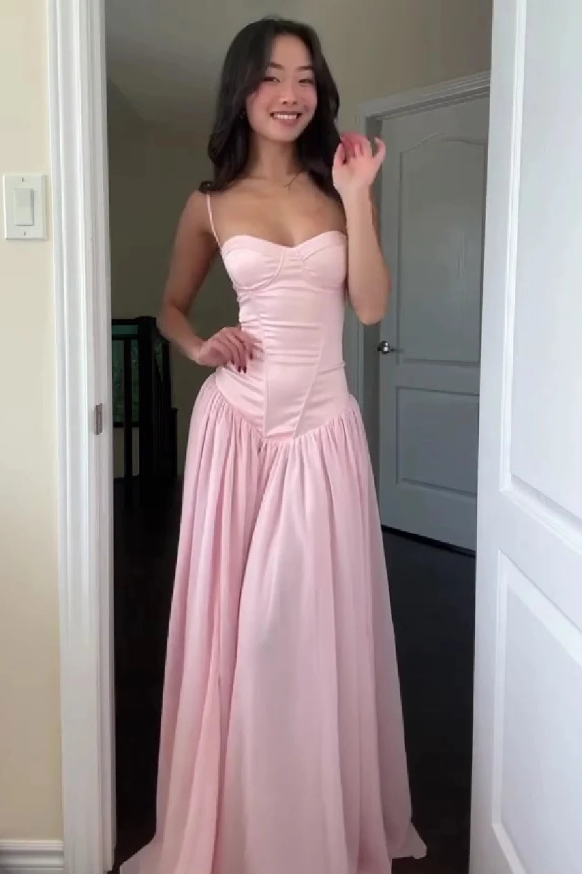 Chic A-Line Sweetheart Sleeveless Corset Pleated Pink Long Prom Dresses Women