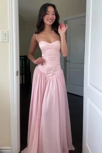 Chic A-Line Sweetheart Sleeveless Corset Pleated Pink Long Prom Dresses Women