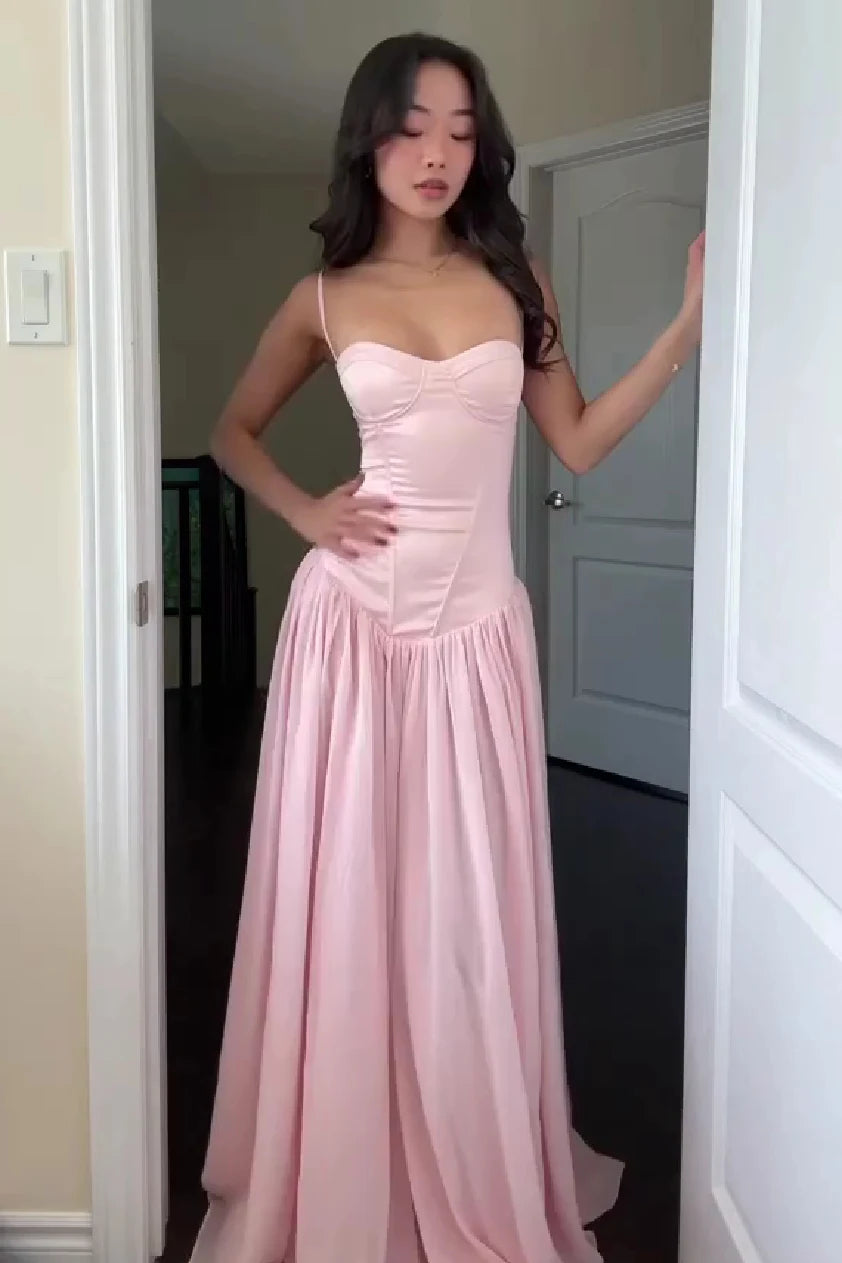 Chic A-Line Sweetheart Sleeveless Corset Pleated Pink Long Prom Dresses Women