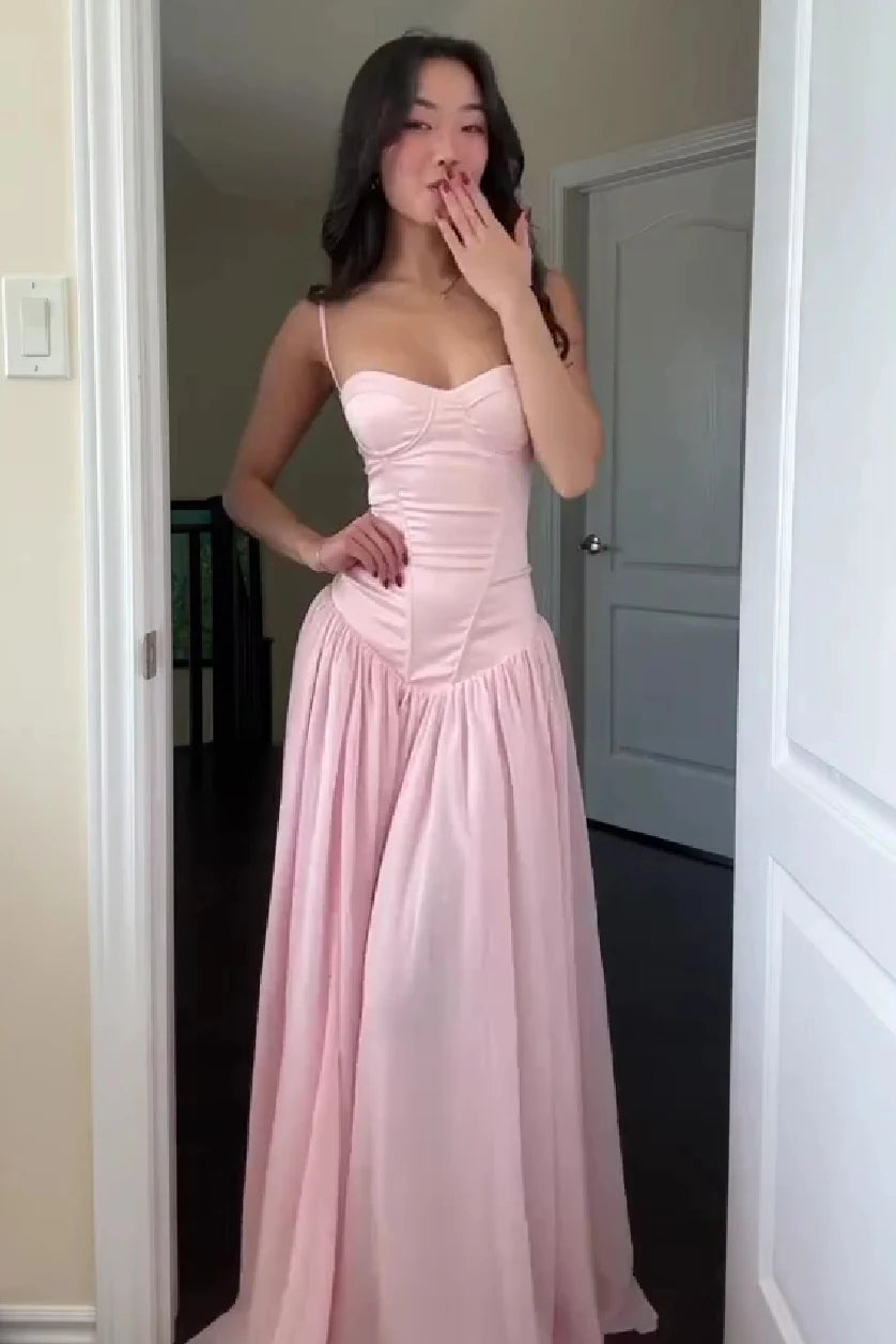 Chic A-Line Sweetheart Sleeveless Corset Pleated Pink Long Prom Dresses Women