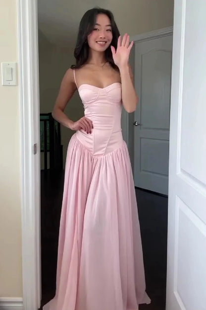 Chic A-Line Sweetheart Sleeveless Corset Pleated Pink Long Prom Dresses Women