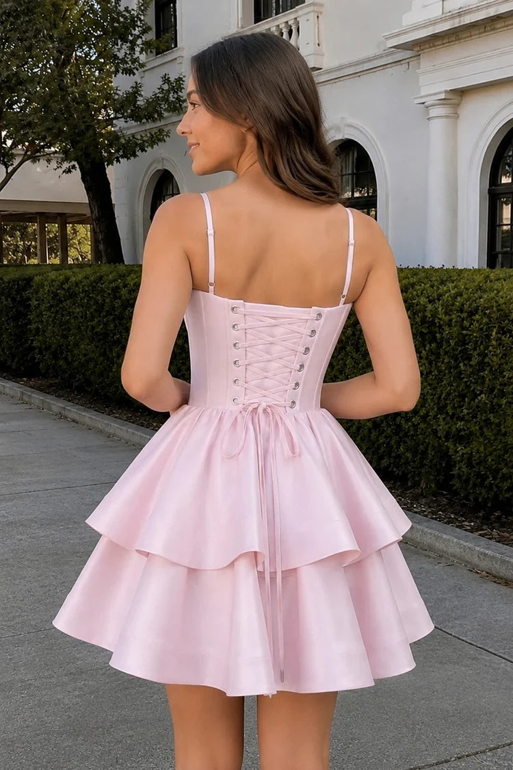 Chic A-Line Sweetheart Sleeveless Corset Ruffled Pink Short Homecoming Dress