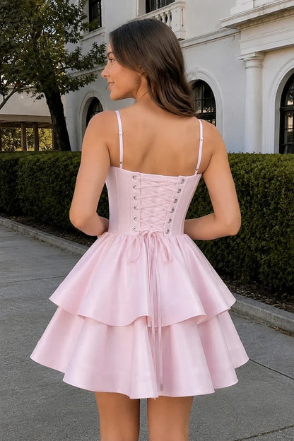 Chic A-Line Sweetheart Sleeveless Corset Ruffled Pink Short Homecoming Dress