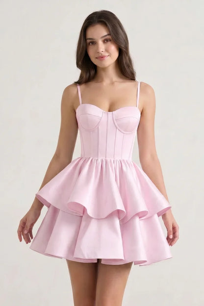 Chic A-Line Sweetheart Sleeveless Corset Ruffled Pink Short Homecoming Dress