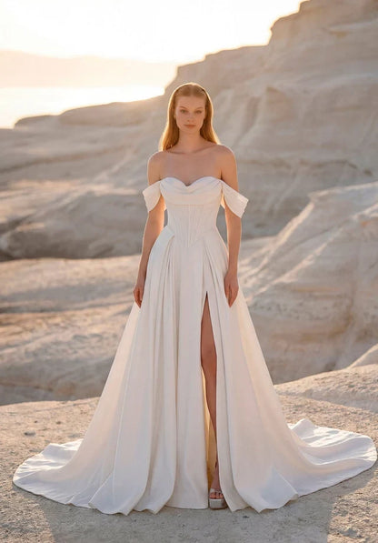 Chic A-Line Sweetheart Sleeveless Corset Slit White Maxi Wedding Dresses Bride