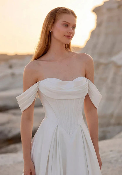 Chic A-Line Sweetheart Sleeveless Corset Slit White Maxi Wedding Dresses Bride