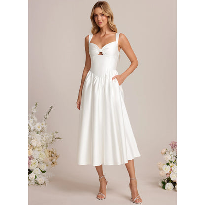 Chic A-Line Sweetheart Sleeveless Modern Pockets White Midi Homecoming Dress
