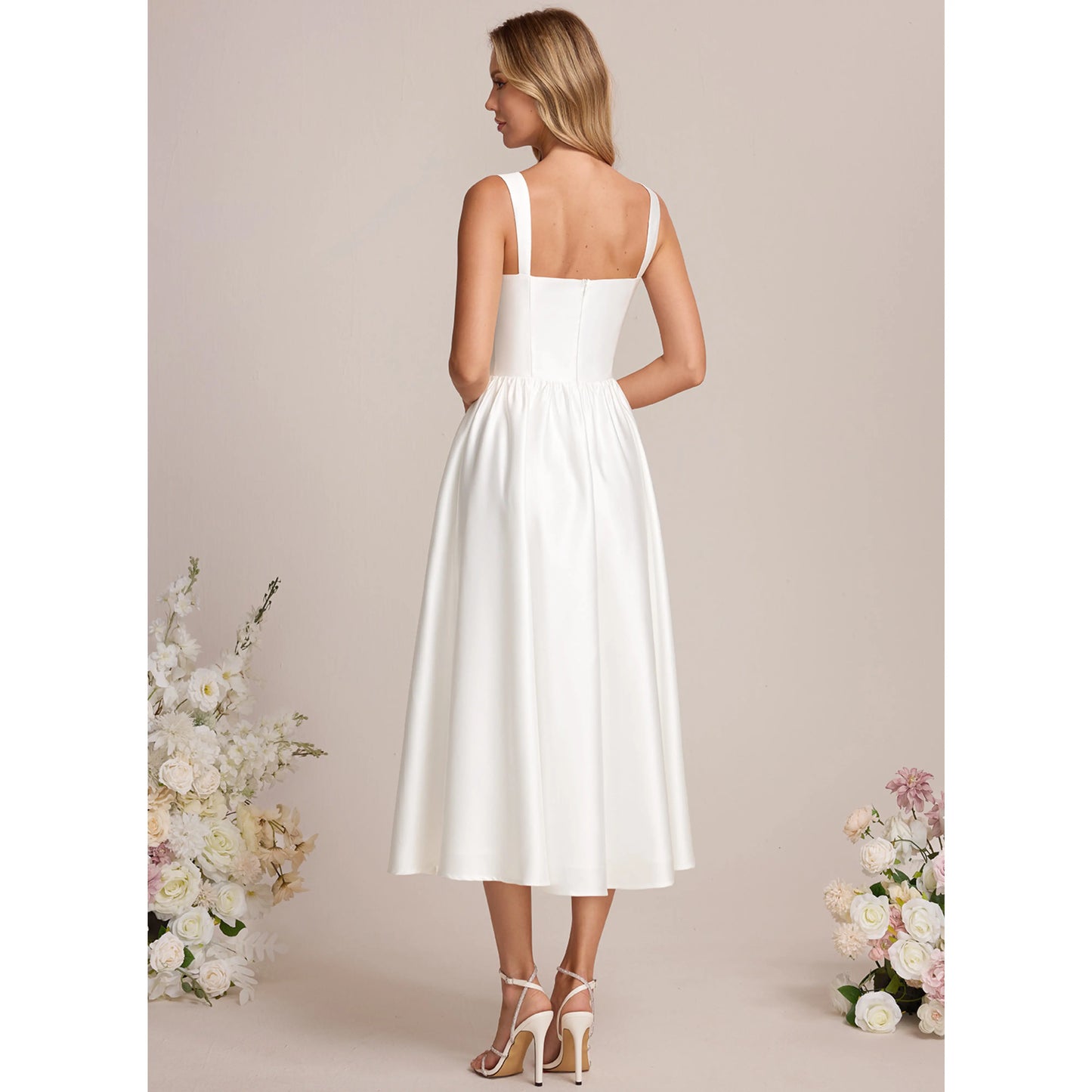 Chic A-Line Sweetheart Sleeveless Modern Pockets White Midi Homecoming Dress