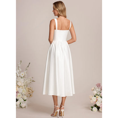 Chic A-Line Sweetheart Sleeveless Modern Pockets White Midi Homecoming Dress