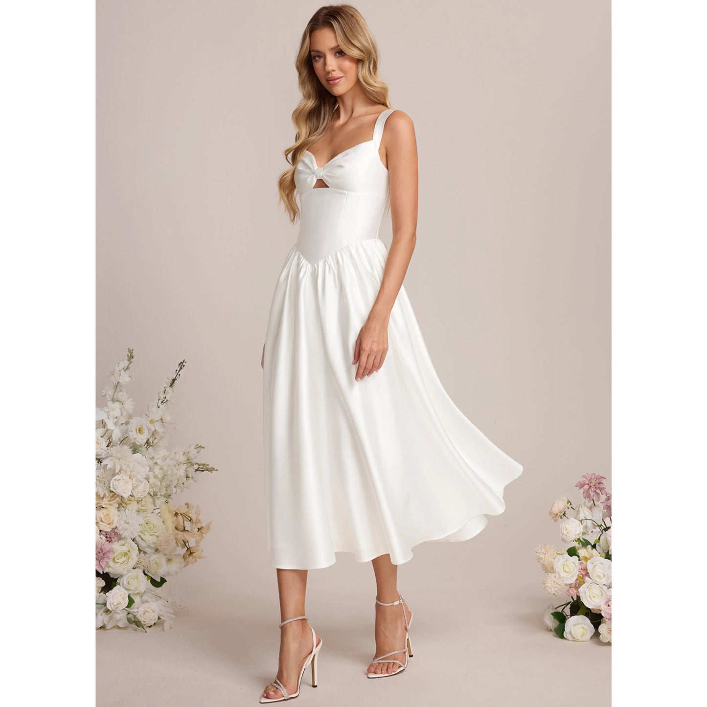 Chic A-Line Sweetheart Sleeveless Modern Pockets White Midi Homecoming Dress