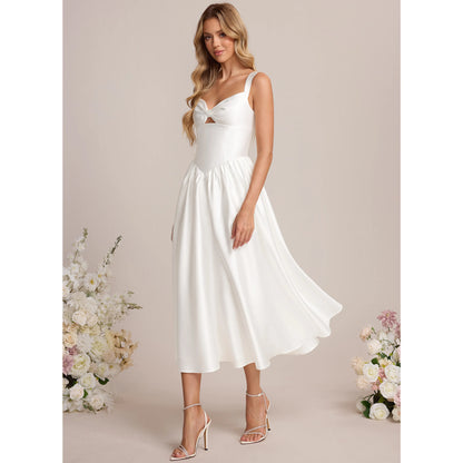 Chic A-Line Sweetheart Sleeveless Modern Pockets White Midi Homecoming Dress