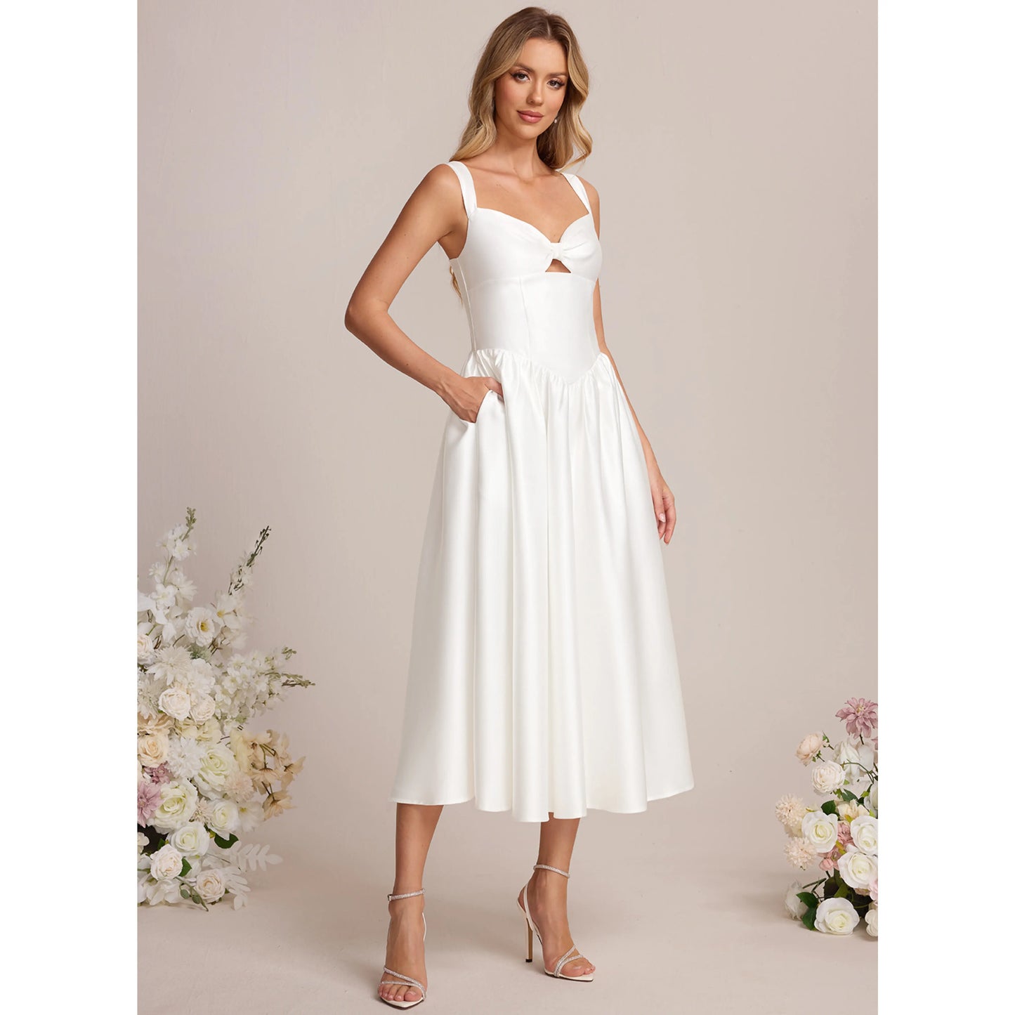 Chic A-Line Sweetheart Sleeveless Modern Pockets White Midi Homecoming Dress
