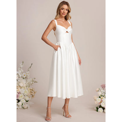 Chic A-Line Sweetheart Sleeveless Modern Pockets White Midi Homecoming Dress