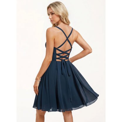 Chic A-Line Sweetheart Sleeveless Pleated Strappy Navy Blue Short Homecoming Dress Women's