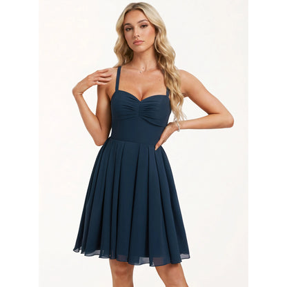 Chic A-Line Sweetheart Sleeveless Pleated Strappy Navy Blue Short Homecoming Dress Women's