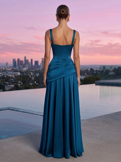 Chic A-Line Sweetheart Sleeveless Ruched Draped Teal Maxi Prom Dresses Women