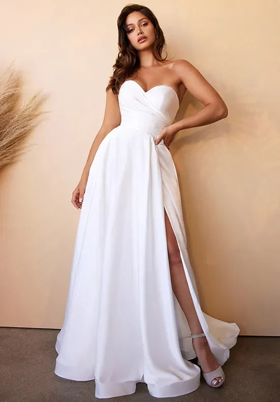 Chic A-Line Sweetheart Sleeveless Ruched Slit White Maxi Wedding Dresses Bride