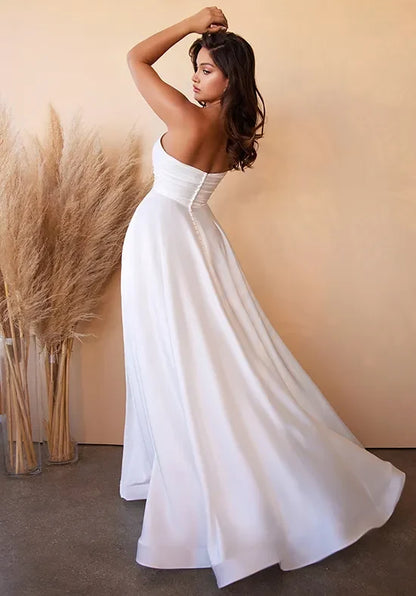 Chic A-Line Sweetheart Sleeveless Ruched Slit White Maxi Wedding Dresses Bride