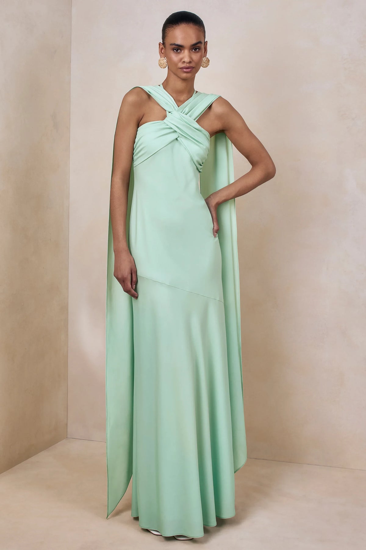 Chic A-Line Twisted Halter Sleeveless Flowing Cape Mint Green Floor-Length Prom Dresses Gown