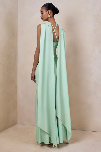 Chic A-Line Twisted Halter Sleeveless Flowing Cape Mint Green Floor-Length Prom Dresses Gown