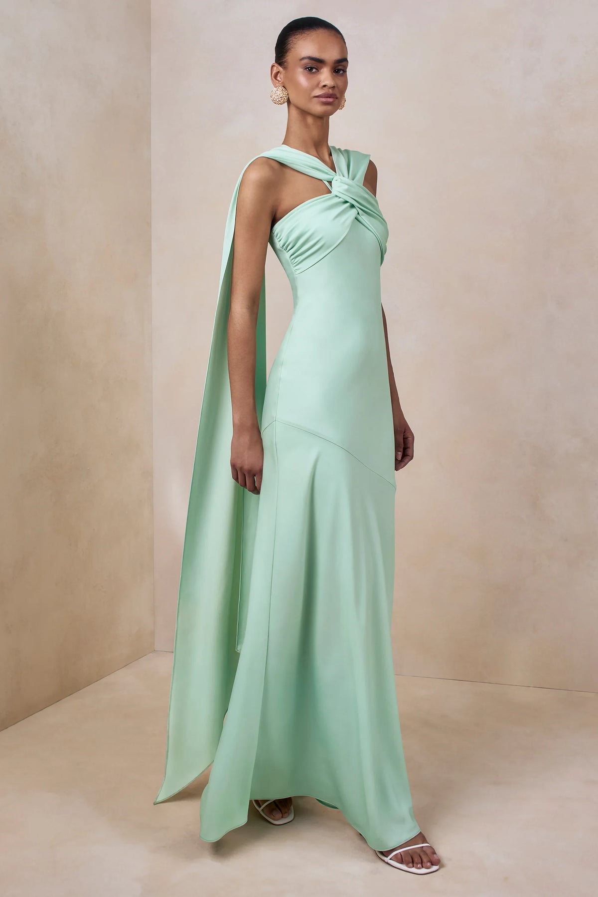 Chic A-Line Twisted Halter Sleeveless Flowing Cape Mint Green Floor-Length Prom Dresses Gown