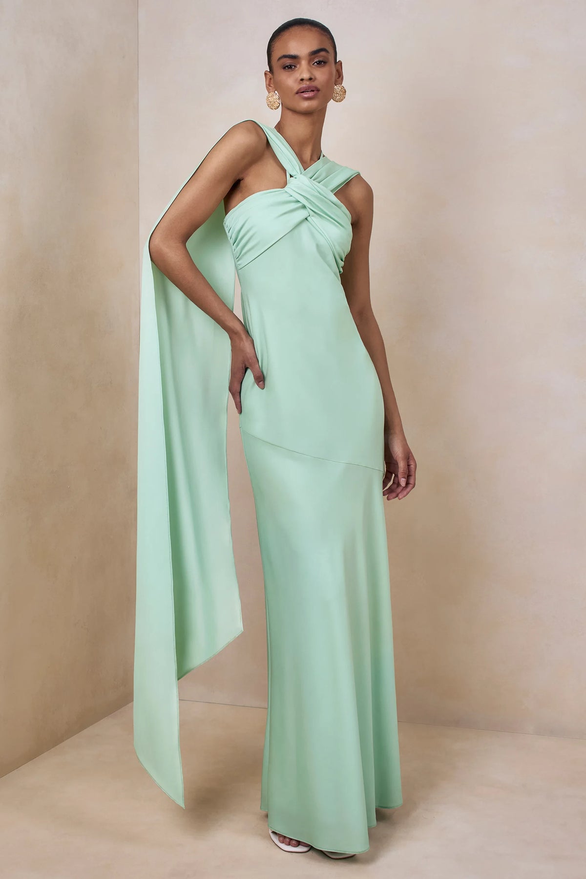 Chic A-Line Twisted Halter Sleeveless Flowing Cape Mint Green Floor-Length Prom Dresses Gown