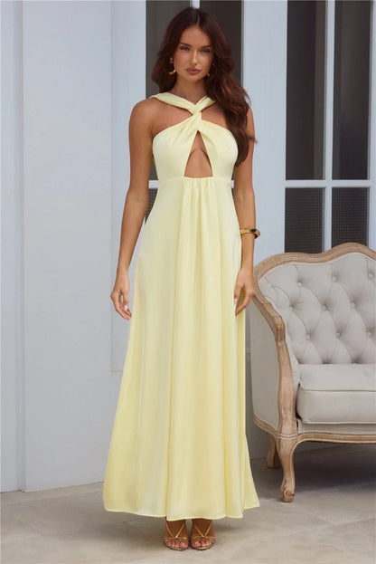 Chic A-Line Twisted Halter Sleeveless Keyhole Backless Pale Yellow Maxi Prom Dress