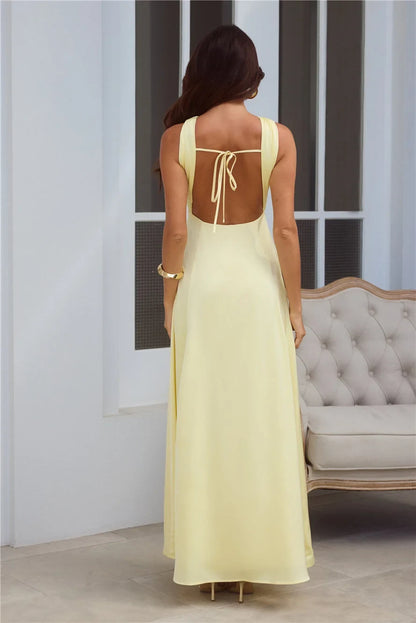 Chic A-Line Twisted Halter Sleeveless Keyhole Backless Pale Yellow Maxi Prom Dress