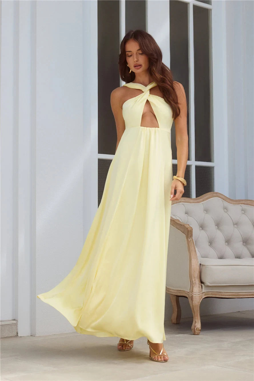Chic A-Line Twisted Halter Sleeveless Keyhole Backless Pale Yellow Maxi Prom Dress