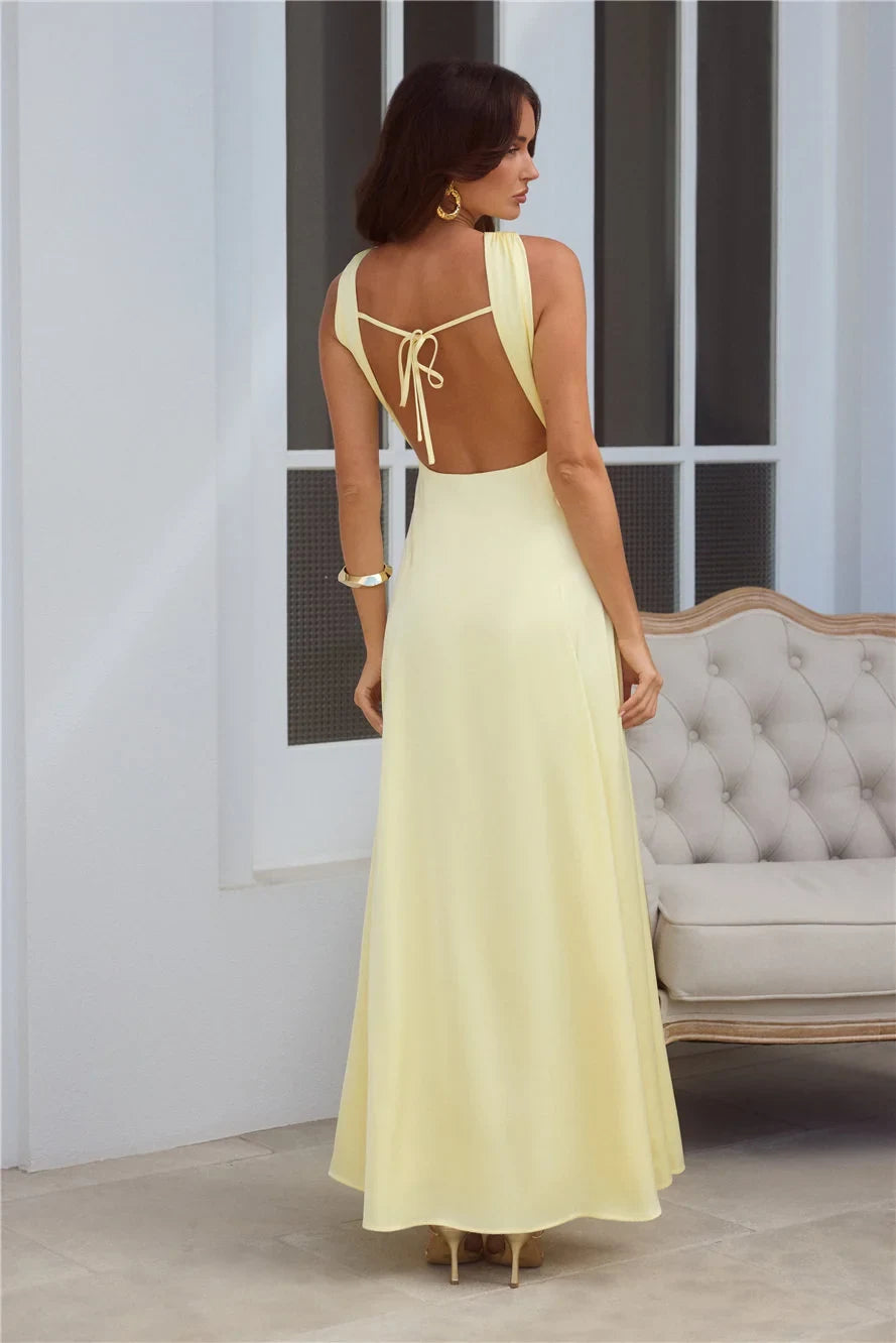 Chic A-Line Twisted Halter Sleeveless Keyhole Backless Pale Yellow Maxi Prom Dress