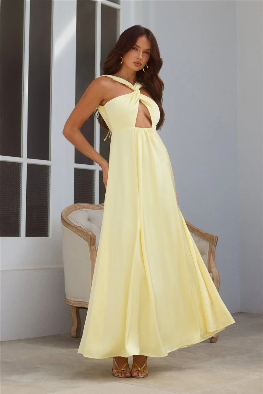 Chic A-Line Twisted Halter Sleeveless Keyhole Backless Pale Yellow Maxi Prom Dress