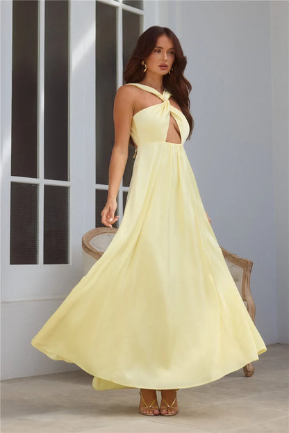 Chic A-Line Twisted Halter Sleeveless Keyhole Backless Pale Yellow Maxi Prom Dress
