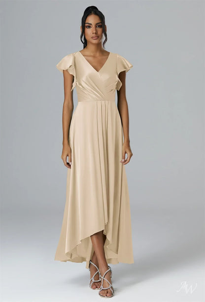 Chic A-Line V-Neck Flutter Sleeve Pleated High-Low Champagne Bridesmaid Dress Gown