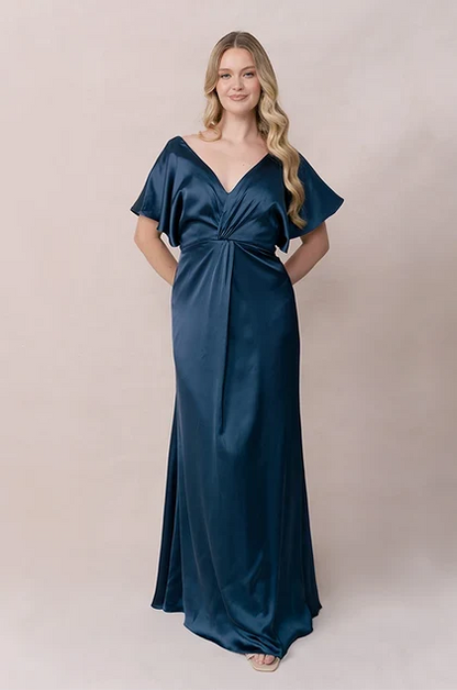 Chic A-Line V-Neck Flutter Sleeve Twisted Teal Floor-Length Bridesmaid Gown