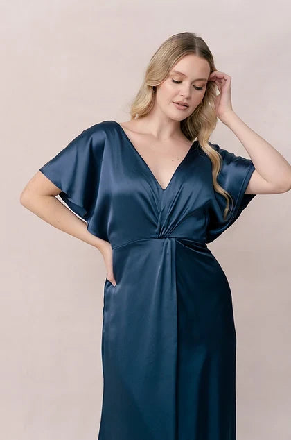 Chic A-Line V-Neck Flutter Sleeve Twisted Teal Floor-Length Bridesmaid Gown