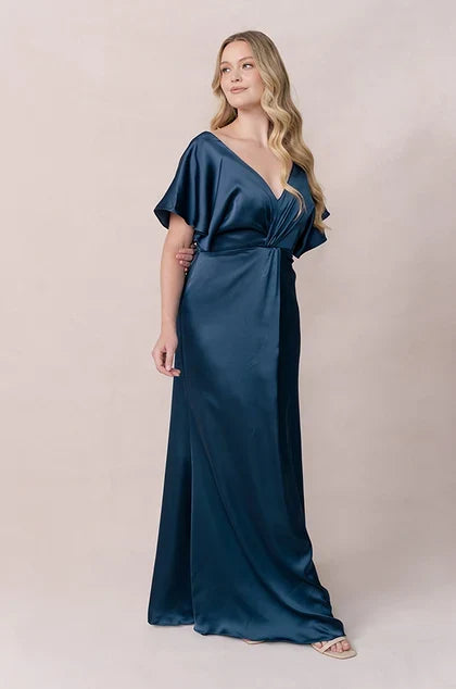 Chic A-Line V-Neck Flutter Sleeve Twisted Teal Floor-Length Bridesmaid Gown