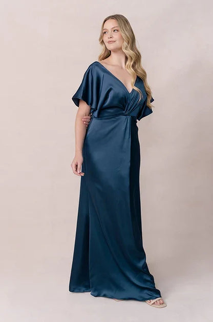 Chic A-Line V-Neck Flutter Sleeve Twisted Teal Floor-Length Bridesmaid Gown