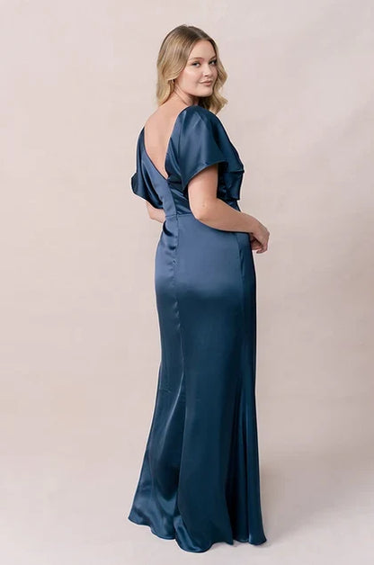 Chic A-Line V-Neck Flutter Sleeve Twisted Teal Floor-Length Bridesmaid Gown