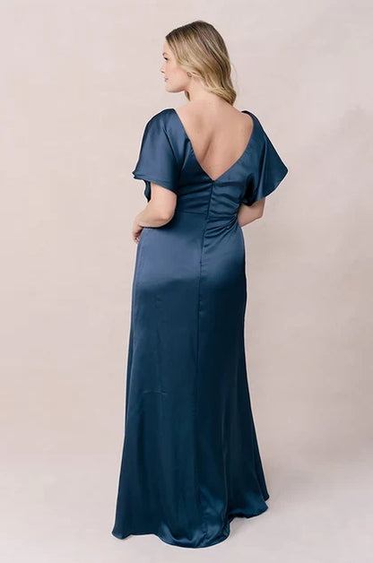 Chic A-Line V-Neck Flutter Sleeve Twisted Teal Floor-Length Bridesmaid Gown