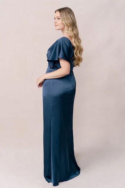 Chic A-Line V-Neck Flutter Sleeve Twisted Teal Floor-Length Bridesmaid Gown