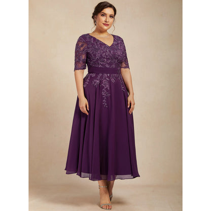 Chic A-Line V-Neck Half Sleeve Lace Purple Midi Mother of the Bride Gown