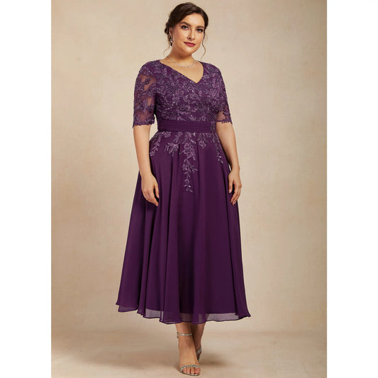 Chic A-Line V-Neck Half Sleeve Lace Purple Midi Mother of the Bride Gown