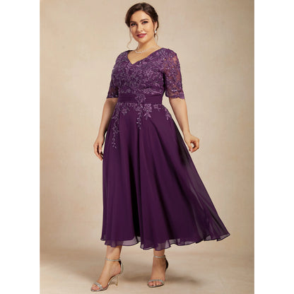 Chic A-Line V-Neck Half Sleeve Lace Purple Midi Mother of the Bride Gown