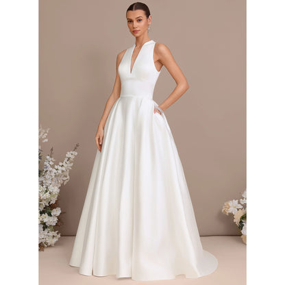 Chic A-Line V-Neck Halter Sleeveless Backless White Floor-Length Wedding Gown
