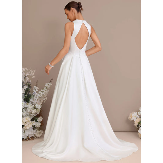 Chic A-Line V-Neck Halter Sleeveless Backless White Floor-Length Wedding Gown