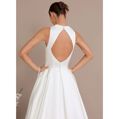 Chic A-Line V-Neck Halter Sleeveless Backless White Floor-Length Wedding Gown